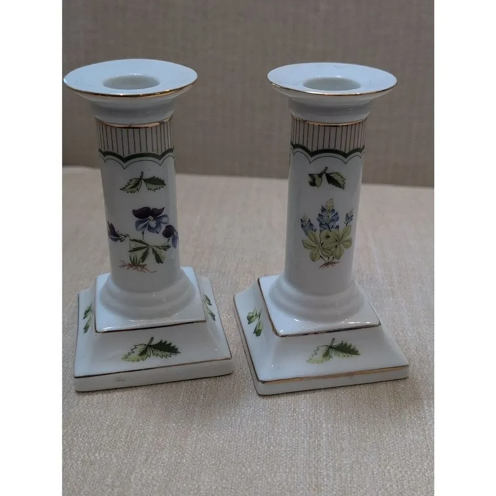 Porcelain Floral Candle Holders - White with Green and Floral Accents